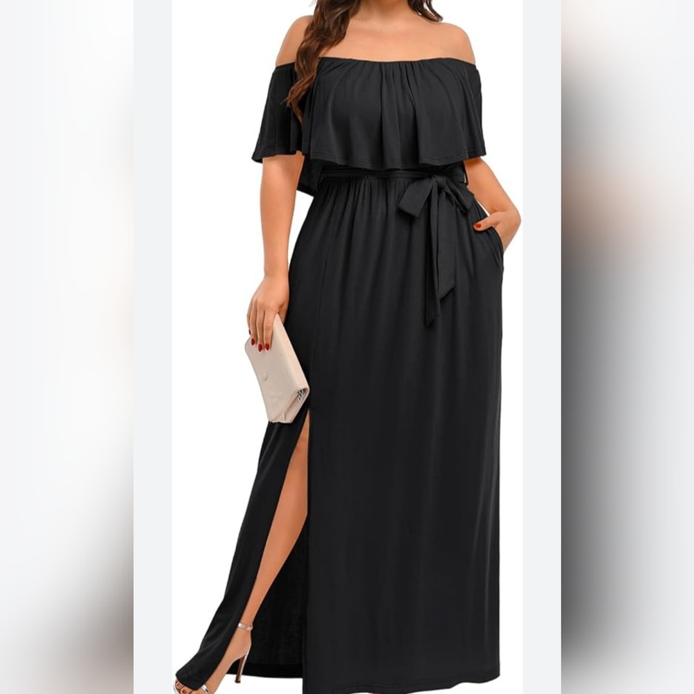 Pinup Fashion Off-the-Shoulder Maxi Dress with Pockets and a Side Slit. Plus